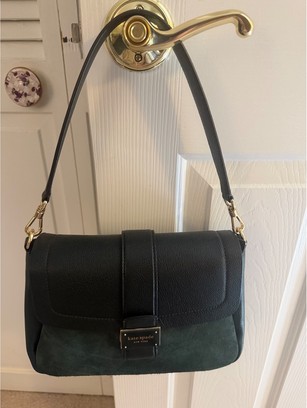 Kate Spade New York Black and Green Leather & Suede Shoulder Bag